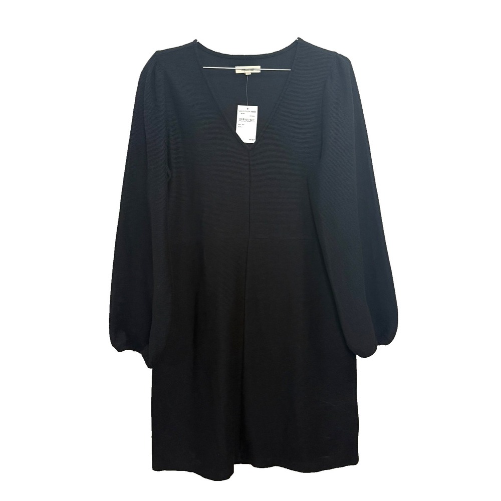 Madewell Textural Knit Dress Black Balloon Sleeve V-Neck 100% Cotton NWT Large
